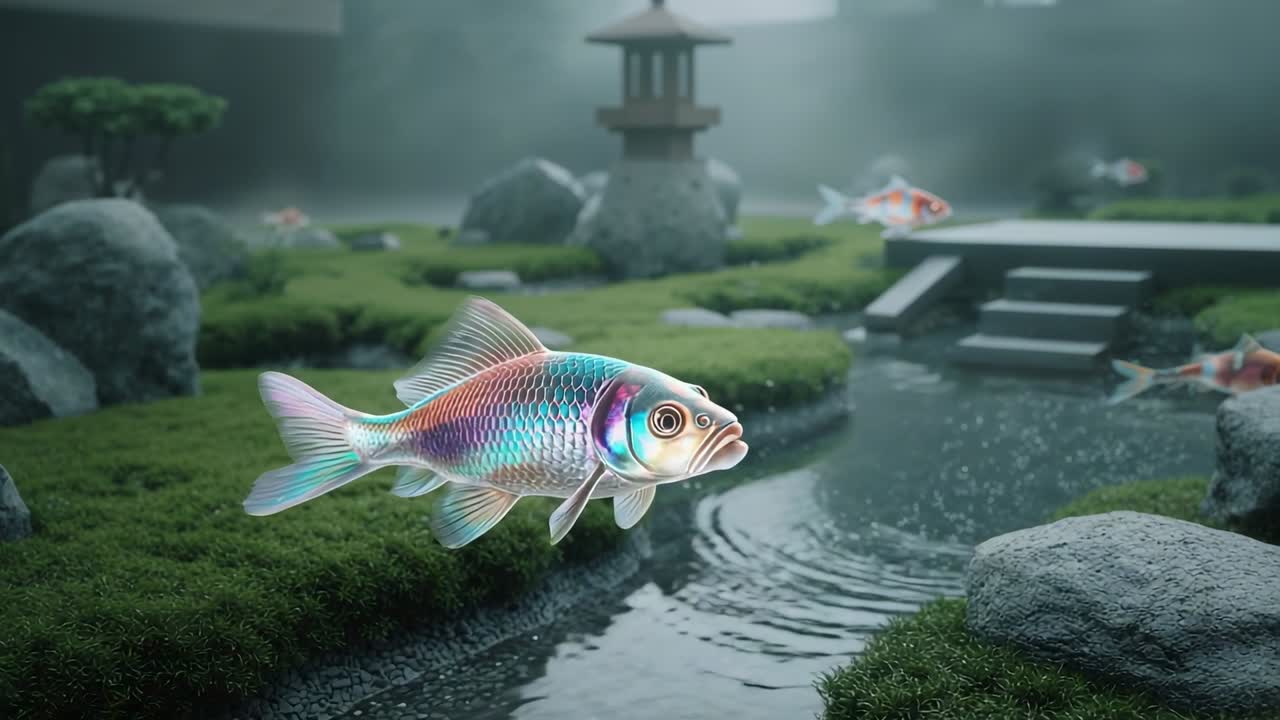 Iridescent koi fish entering frame from left, gliding toward deeper water past lantern in Zen pond