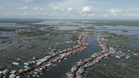 Aerial view of Tonlé Sap floating villages surrounded by sprawling flooded fields and winding channels