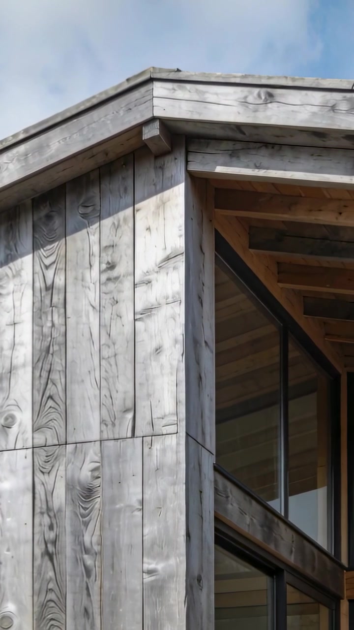 Vertical video: Panning camera showing wood corner, worn siding, rafters, glass, rail for design