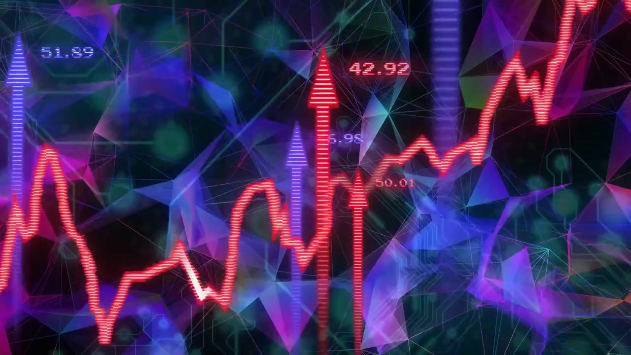 Spikes appearing, red jagged line rising, arrows pulsing, numbers updating showing market trends