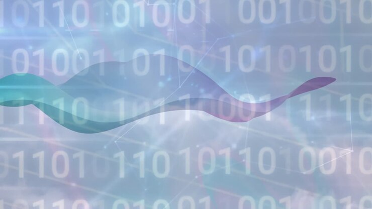 Binary code and wave pattern animation over abstract blue background