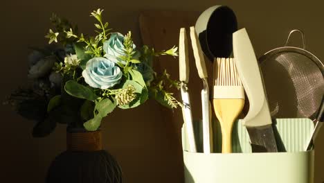 kitchen utensils and flowers