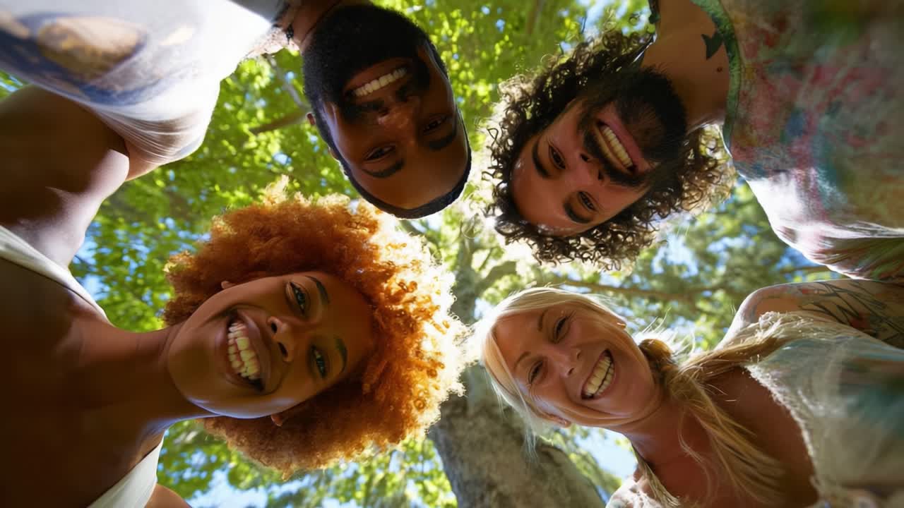 A joyful gathering of four friends enjoying a sunny day outdoors, highlighted by their vibrant smiles and diverse hairstyles amidst lush green foliage, capturing a moment of happiness and connection