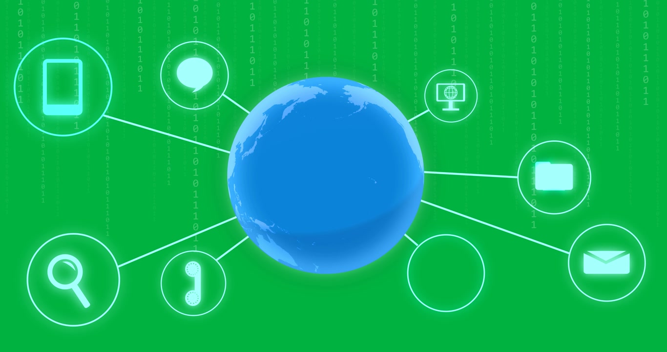 Animazione di icone e un globo con elaborazione dati su sfondo trasparente.