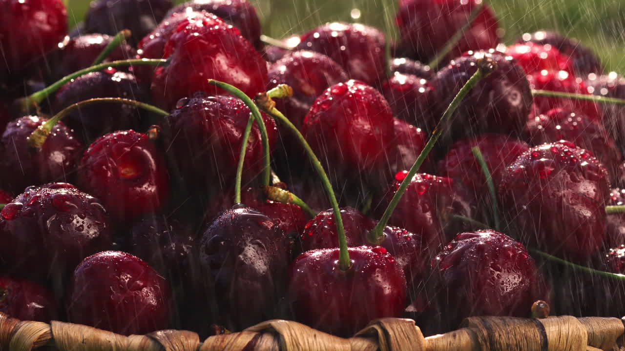 cerezas dulces frescas con gotas de rocío, 4k