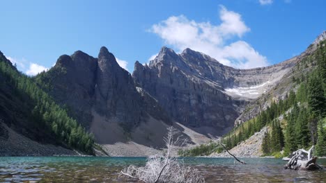 露易斯湖 (louise lake) 的景觀景觀,在夏天白天,在天空上有一些雲,在加拿大阿爾伯塔省的洛基山脈,