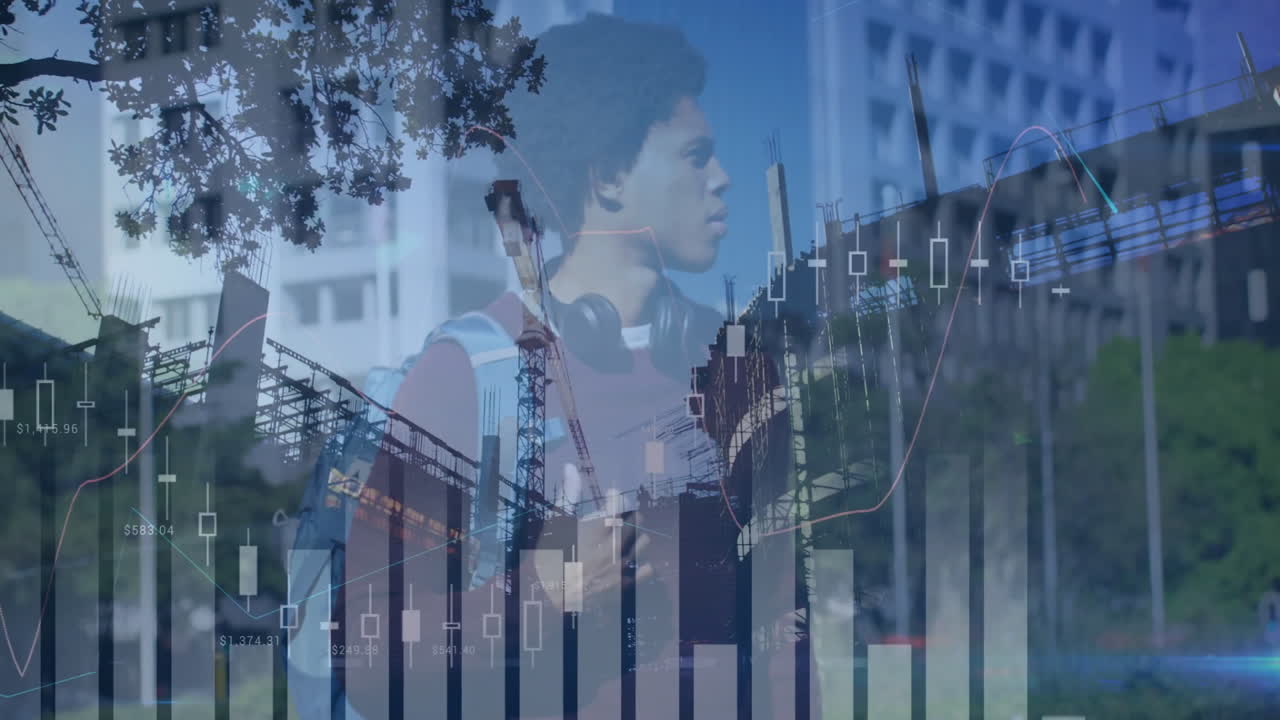 Walking through cityscape, child viewing animation of financial data and graphs