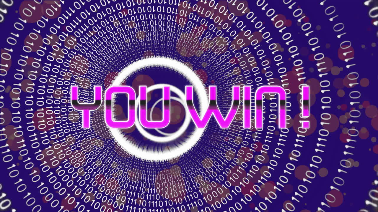 ¡usted gana! animación de texto sobre fondo de túnel de código binario, creando un efecto dinámico