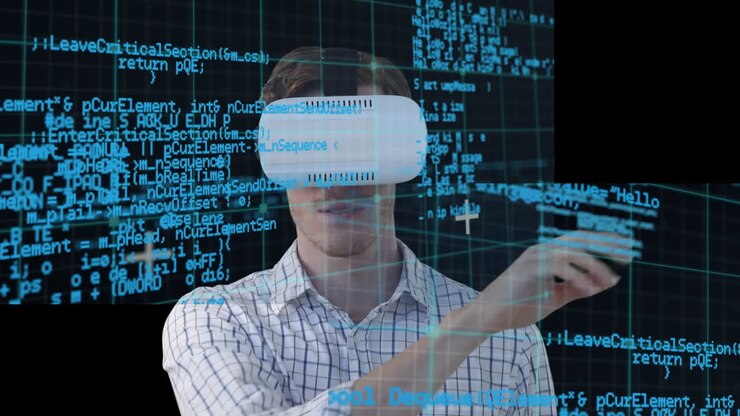Animation of data processing over man wearing vr headset on black background