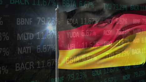 animation of stock market data processing on waving germany flag and light spots on black background