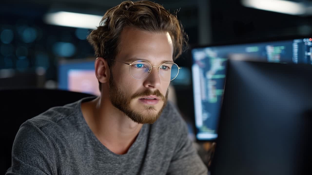 Fokusert mann som jobber på datamaskin, analyserer kode og data i et moderne digitalt miljø, viser konsentrasjon og engasjement i teknologirelaterte oppgaver