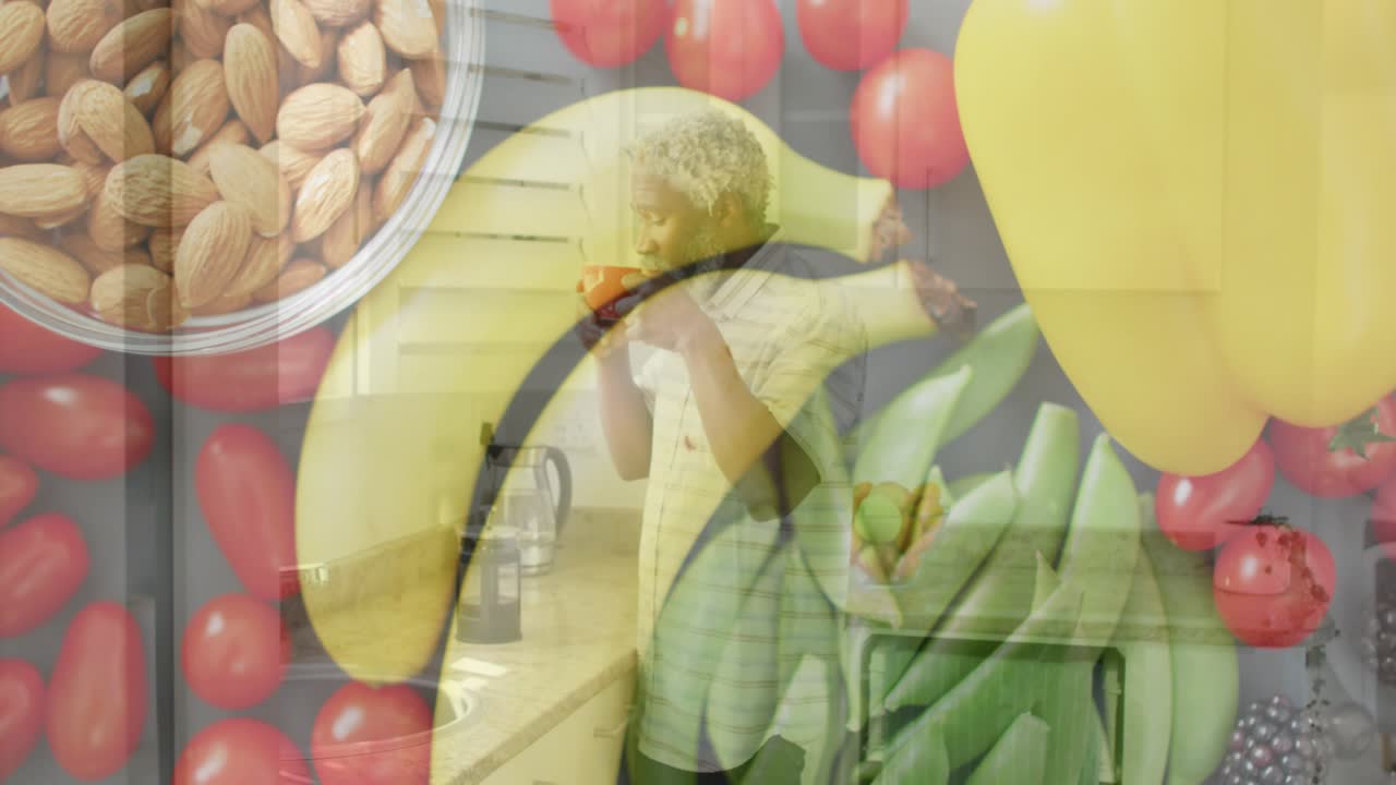 Adult man raising red mug and sipping causing clear healthy food overlay fading, revealing kitchen