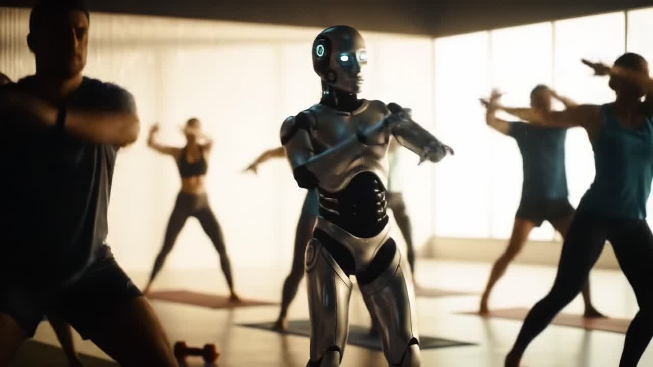 A Futuristic Robot Participating in a Group Fitness Class, Blending Technology and Health in a Modern Studio Space with Engaged Humans Practicing Yoga and Exercise