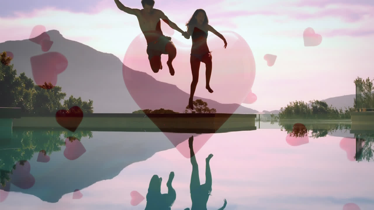 배경에 디지털 심장이 있는 호수에 뛰어드는 귀여운 커플