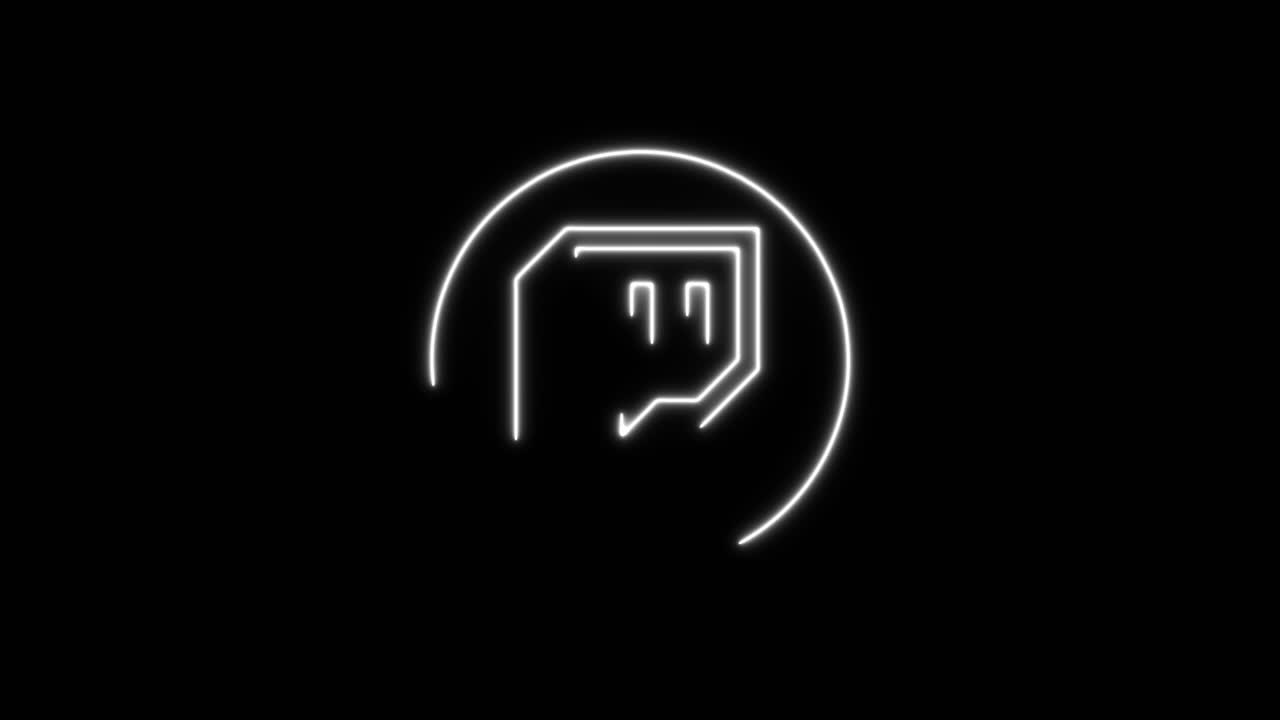 Animación del logotipo de Twitch de neón blanco sobre fondo negro.