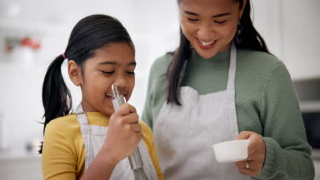 mom, kid and happy baking in kitchen for love
