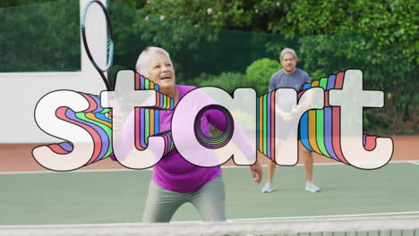 woman playing tennis on health marketing court, man observing shot with start text floating