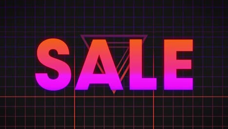 animación de venta en texto naranja y rosa con triángulos rojos y cuadrícula sobre fondo negro
