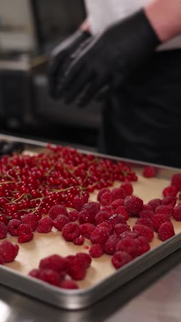 chef preparing raspberries and red currants