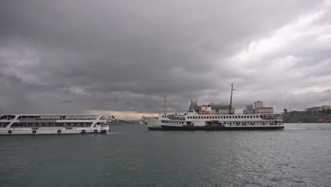 At the Kadıköy pier, in cloudy weather, ships are sailing, birds are flying, on the Bosphorus