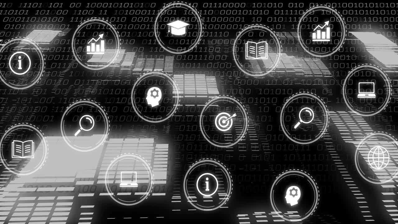 Faint rings appearing UI icons fading pulsing camera panning tilting binary visualizing data field