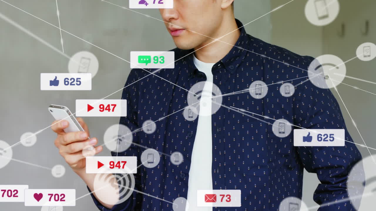 Holding smartphone, person viewing social media notifications with animation overlay