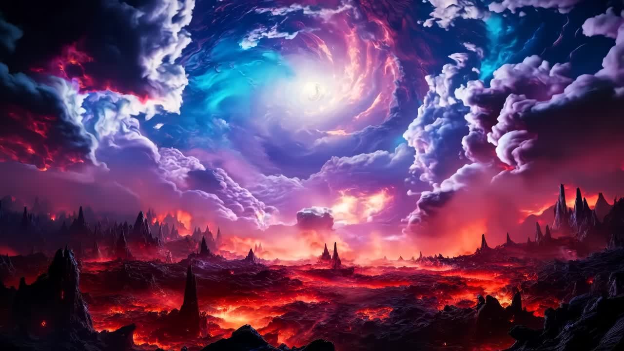 A painting of a red and blue sky with clouds and lava