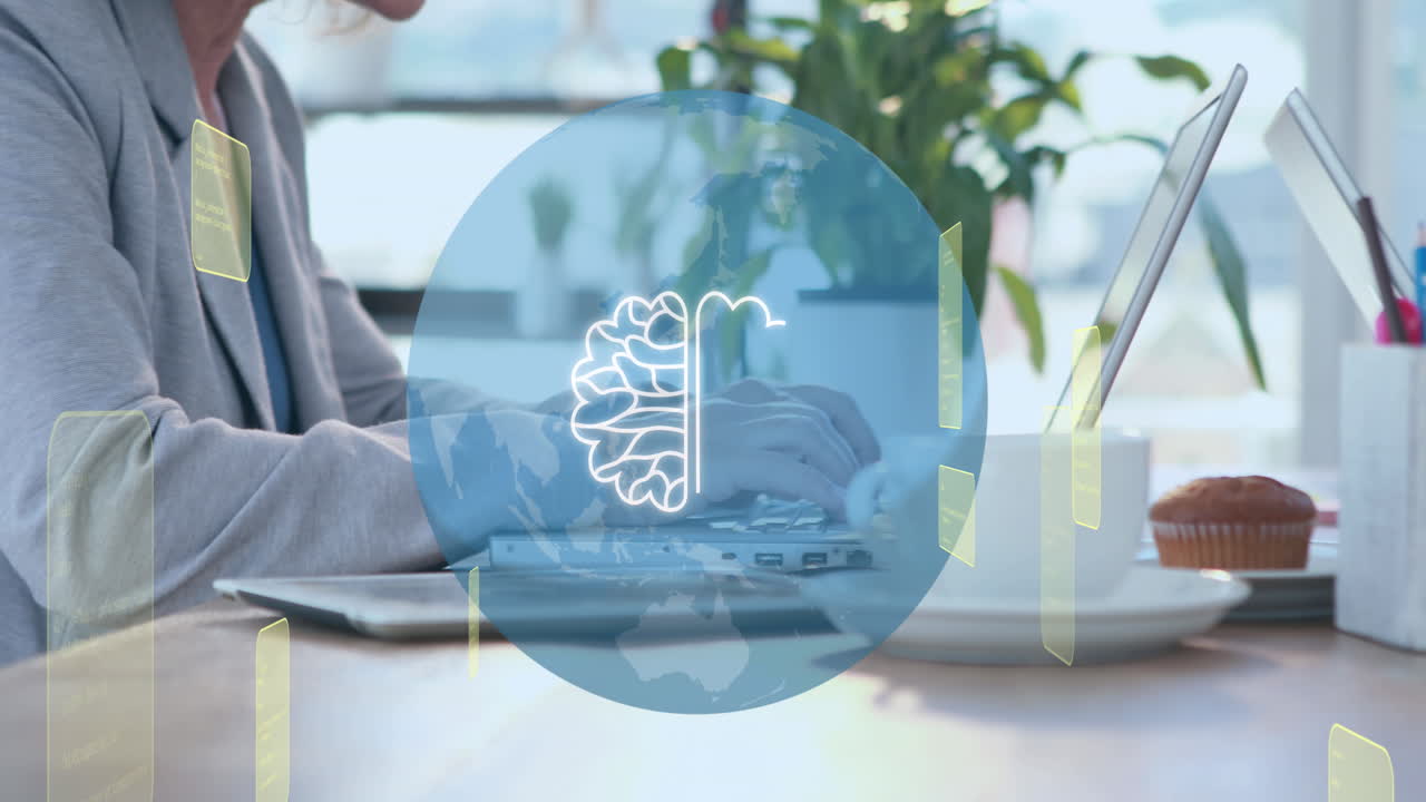 animación del procesamiento de datos de la ia en diversas personas de negocios que utilizan computadoras portátiles