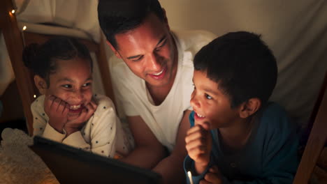 Funny,-tablet-and-father-streaming-with-children