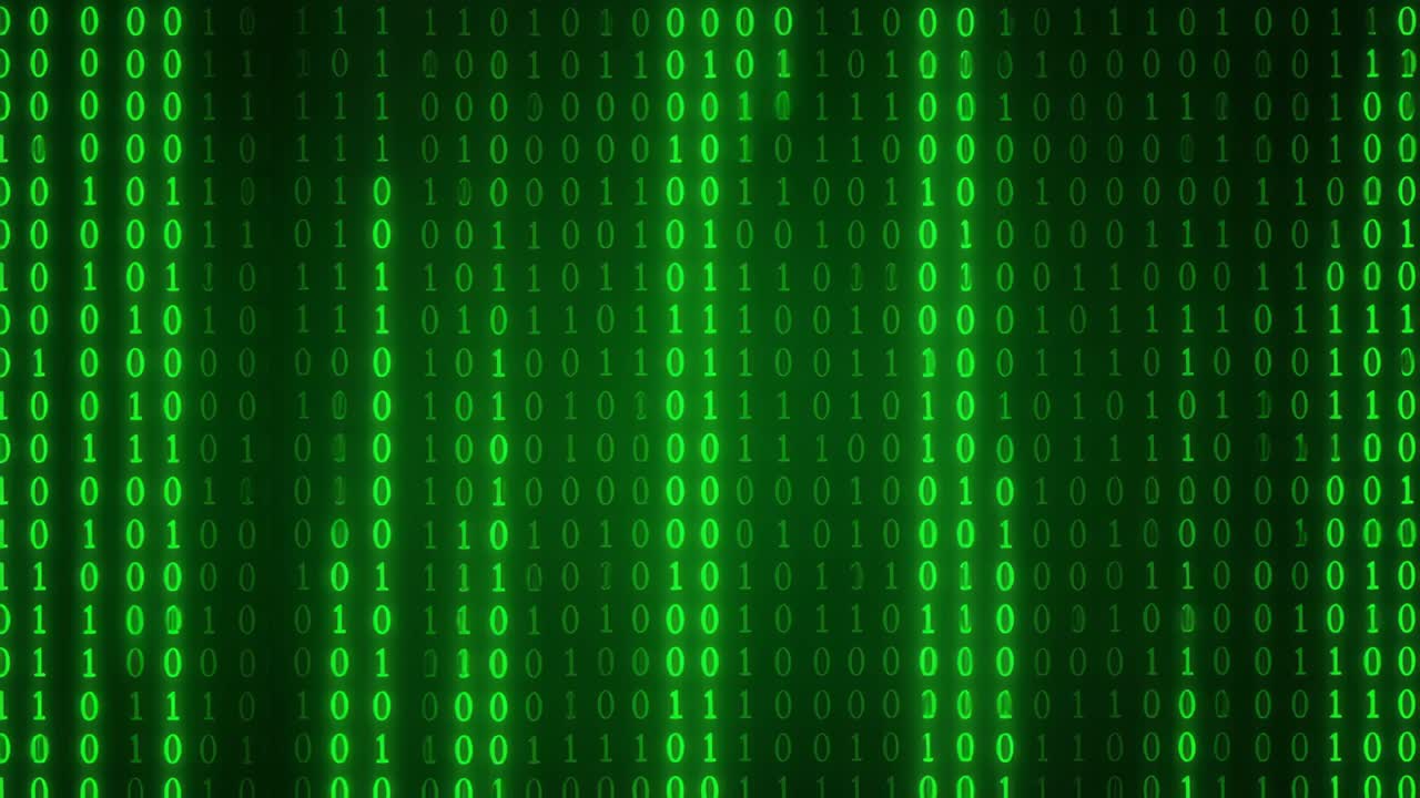 A digital matrix video effect with green binary code cascading vertically