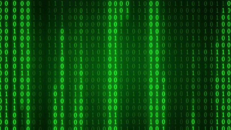 A digital matrix video effect with green binary code cascading vertically