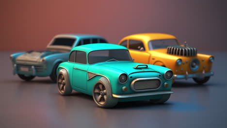 collection of miniature colorful vintage toy cars illustration, macro studio shot of 3 model vehicles concept