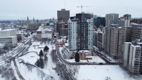 panning aerial of wintertime ottawa during the freedom convoy protests