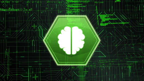 icono del cerebro y datos en la placa de circuito
