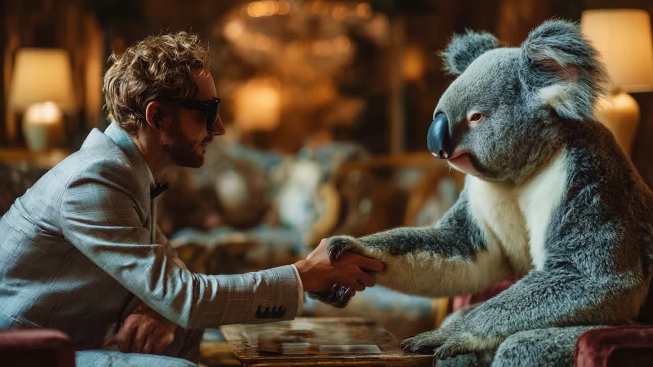 A Uniquely Entertaining Encounter: A Stylish Man in a Suit Meets a Life-Sized Koala in a Luxurious Setting, Highlighting an Unexpected Friendship and Humor in an Uncommon Scenario