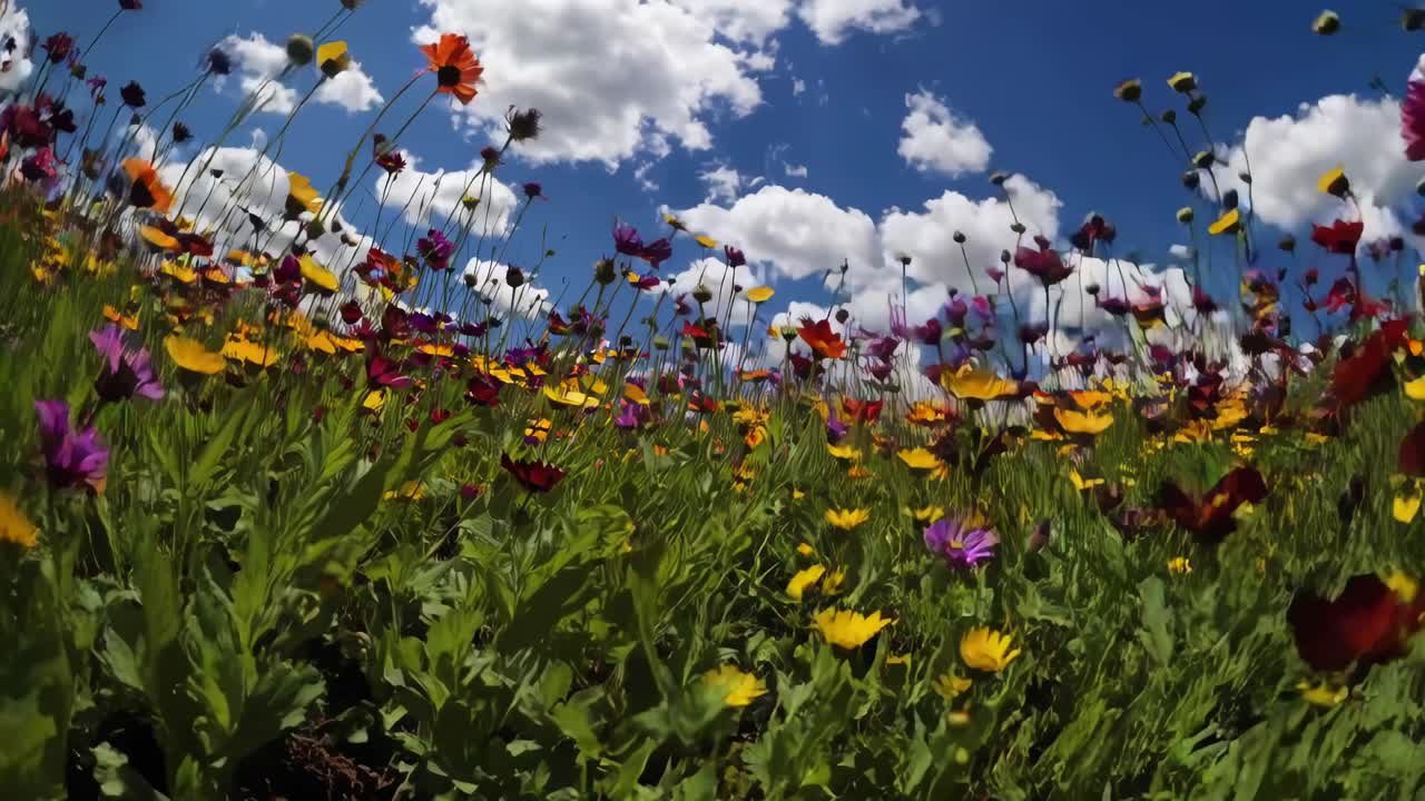 Fiori di campo vivaci ripresi da una angolazione bassa, per creare un video coinvolgente
