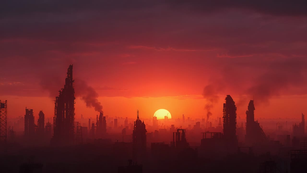 Sun beginning descent behind industrial skyline, factory towers and chimneys emitting smoke plumes