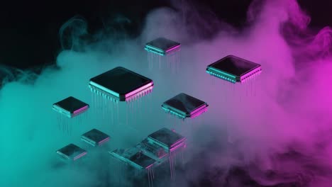 futuristic computer chips in neon smoke