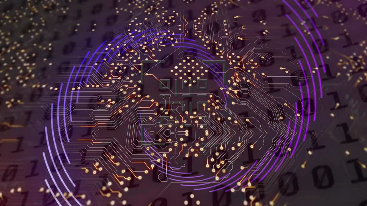Neon pink qr code scanner against microprocessor connections and binary coding data processing