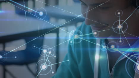 network of connections against man using digital office