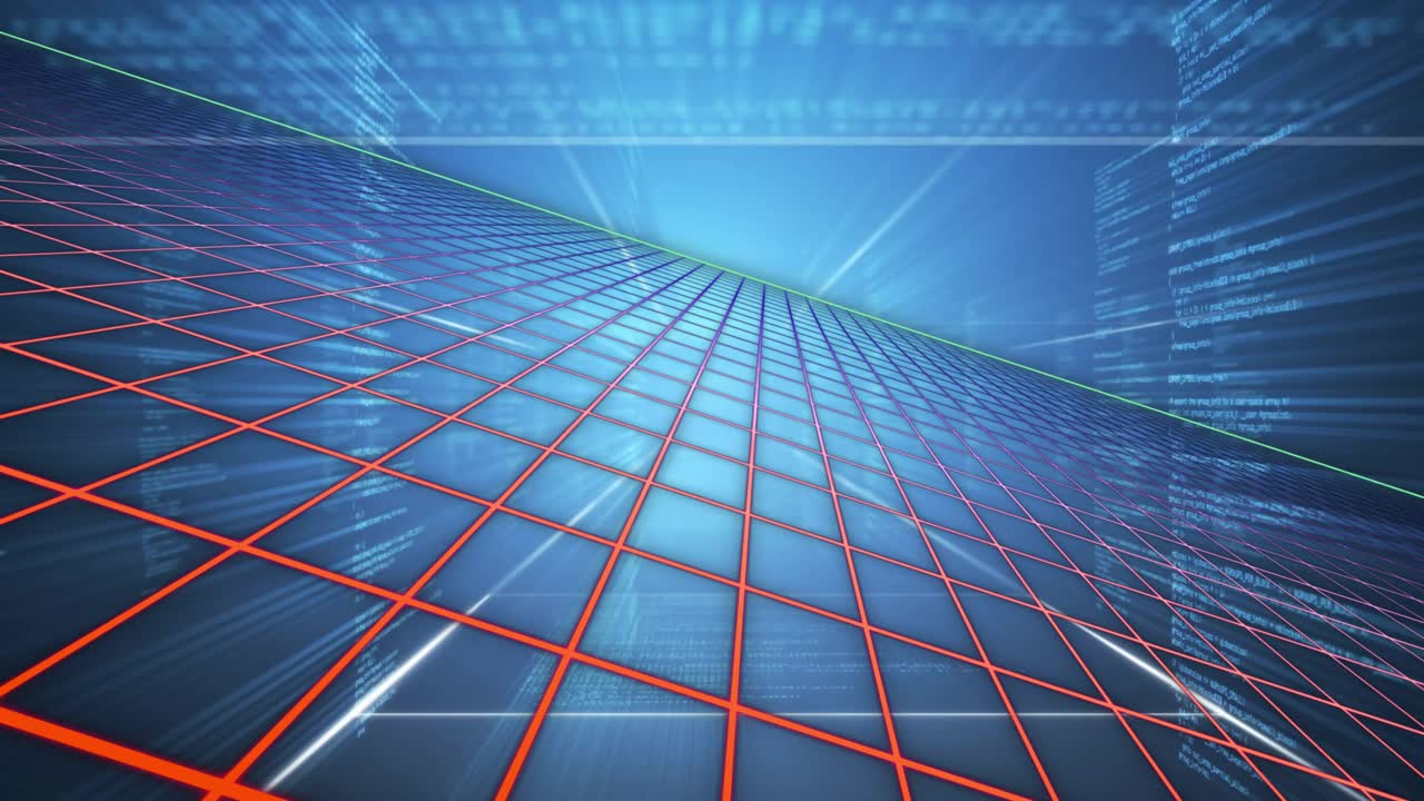 Neon grid receding to horizon driving camera rising as glow pulsing code scrolling in looping cycle