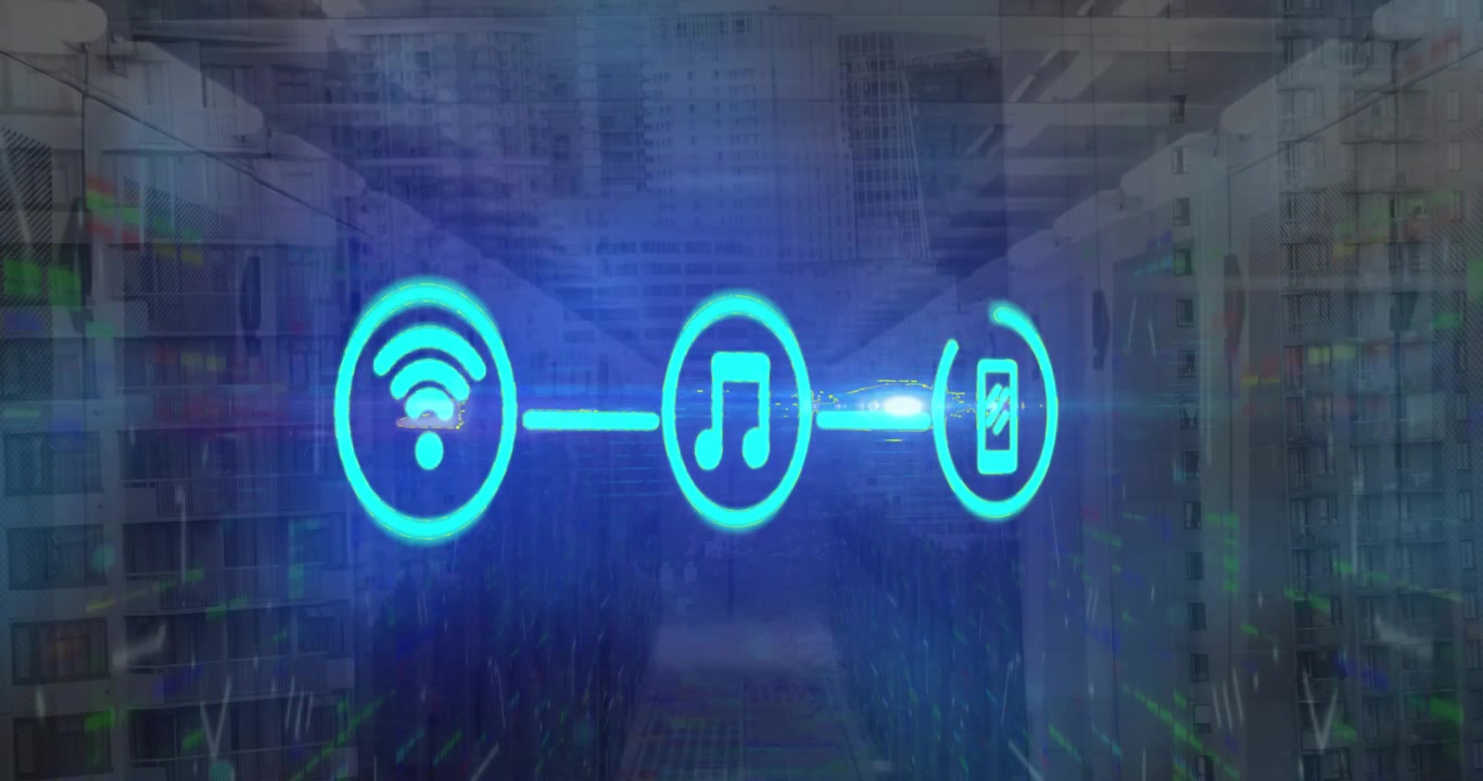 Animazione di rete blu, musica, icone di telefono cellulare su interfaccia digitale sullo sfondo di edifici