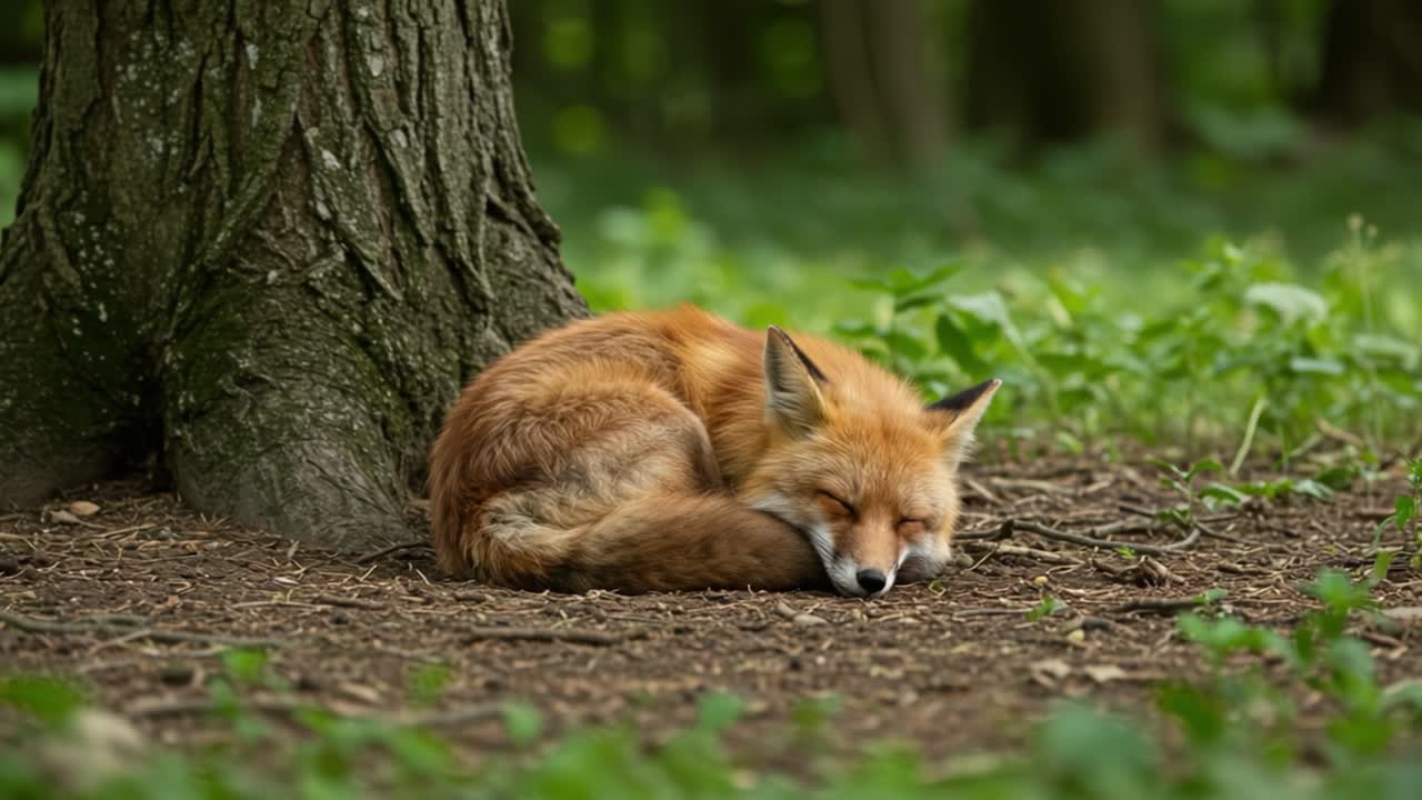 A Serene Moment: A Sleeping Fox Nestled Against a Tree in a Peaceful Forest Setting, Emphasizing Nature&#x27;s Tranquility and Wildlife Beauty
