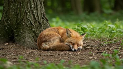 A Serene Moment: A Sleeping Fox Nestled Against a Tree in a Peaceful Forest Setting, Emphasizing Nature's Tranquility and Wildlife Beauty