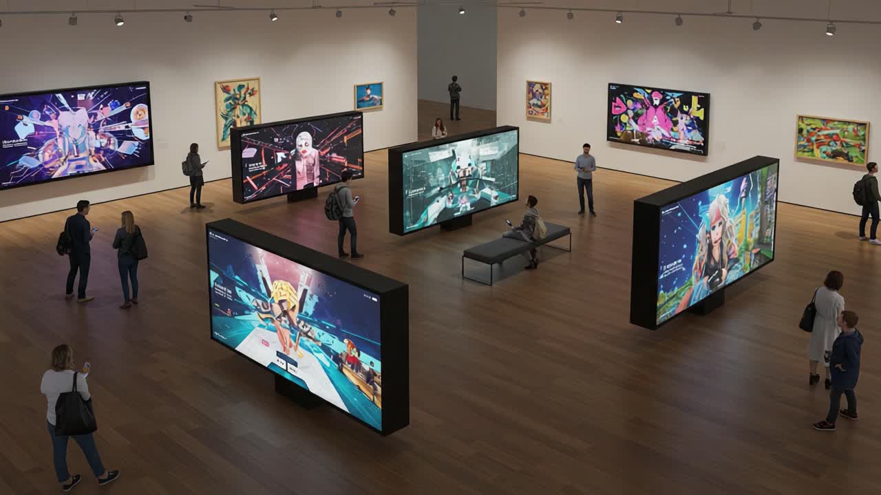 Exploring an Interactive Art Exhibition Featuring Digital Installations and Contemporary Artwork with Animated Visuals in a Modern Gallery Setting