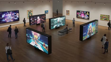 exploring an interactive art exhibition featuring digital installations and contemporary artwork with animated visuals in a modern gallery setting