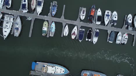 top down aerial drone view above luxury moored private marina sailing ships and yacht boats following wake