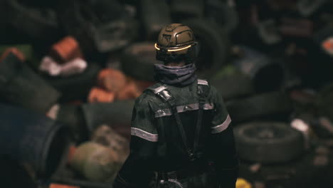 worker in protective gear surveys cluttered waste area during evening shift