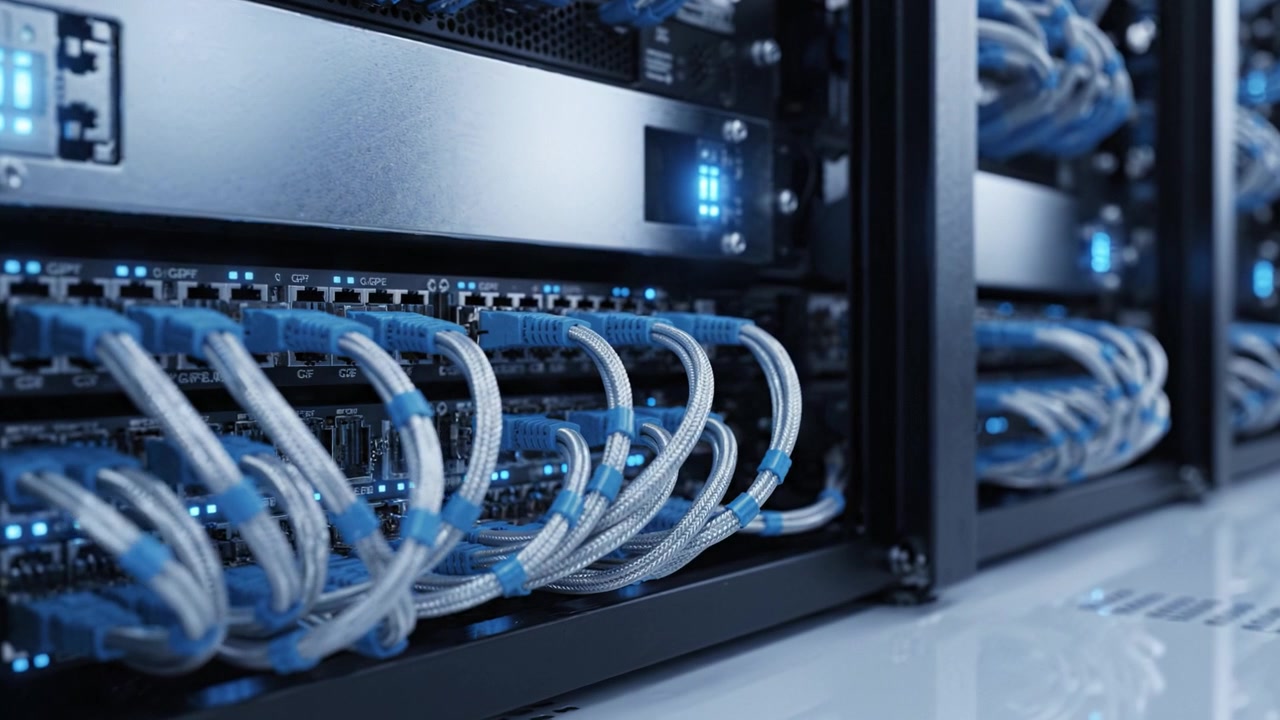 Modern Data Center Infrastructure with Advanced Server Racks, Featuring Multiple Blue Cables and LED Indicators for Connectivity and Performance Monitoring