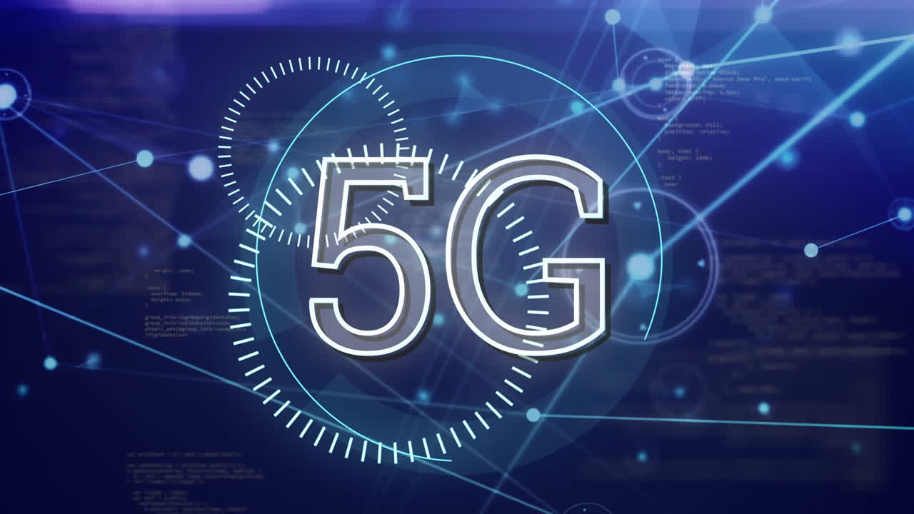 animazione di testo 5g, rete di connessioni e elaborazione dei dati
